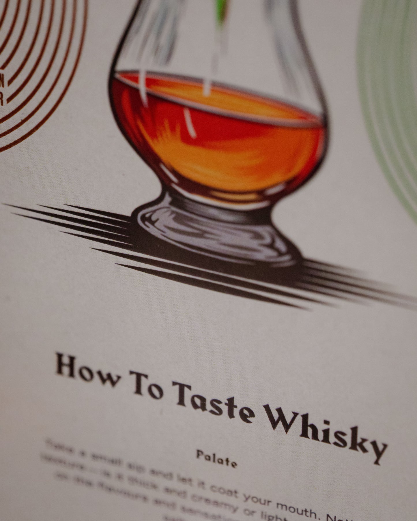 Close-up of the 'How to Taste Whisky' section, detailing nosing, palate, and finish techniques for whisky lovers learning to refine their tasting skills.
