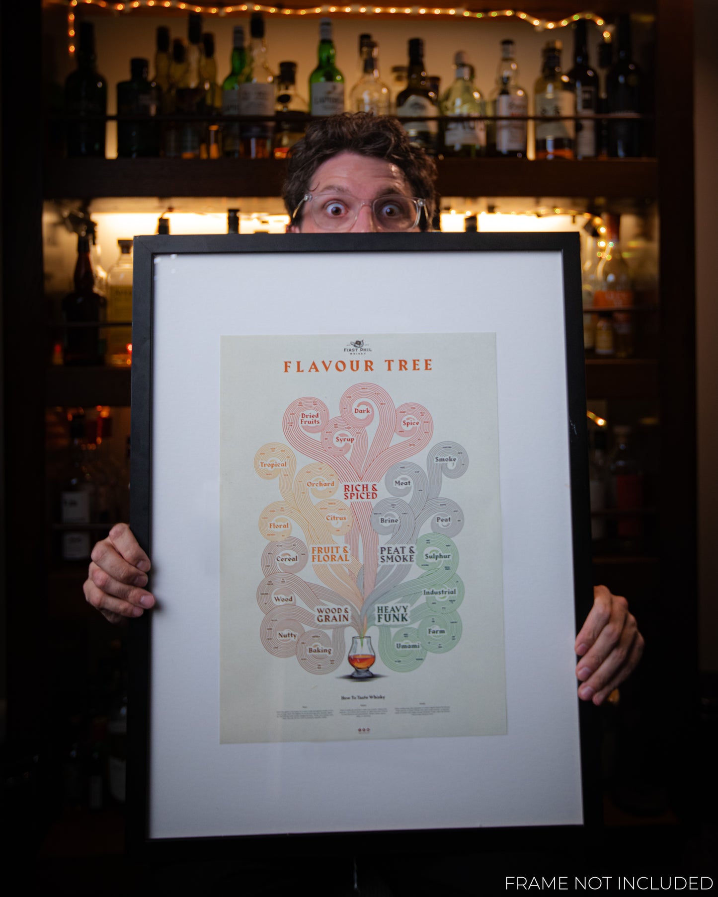 Whisky Aroma Flavour Tree Poster held by First Phil, a whisky expert. A detailed whisky tasting chart mapping out scotch, bourbon, and single malt flavours. Ideal for whisky lovers and collectors.