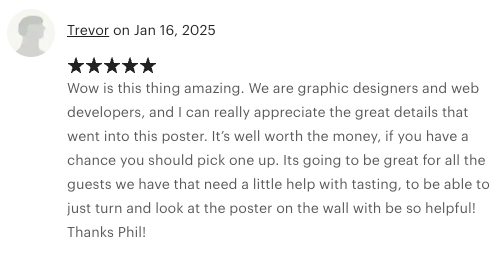 Five-star customer review praising the Whisky Aroma Flavour Tree Poster for its high-quality print, detailed whisky flavour categories, and perfect addition to a home bar.