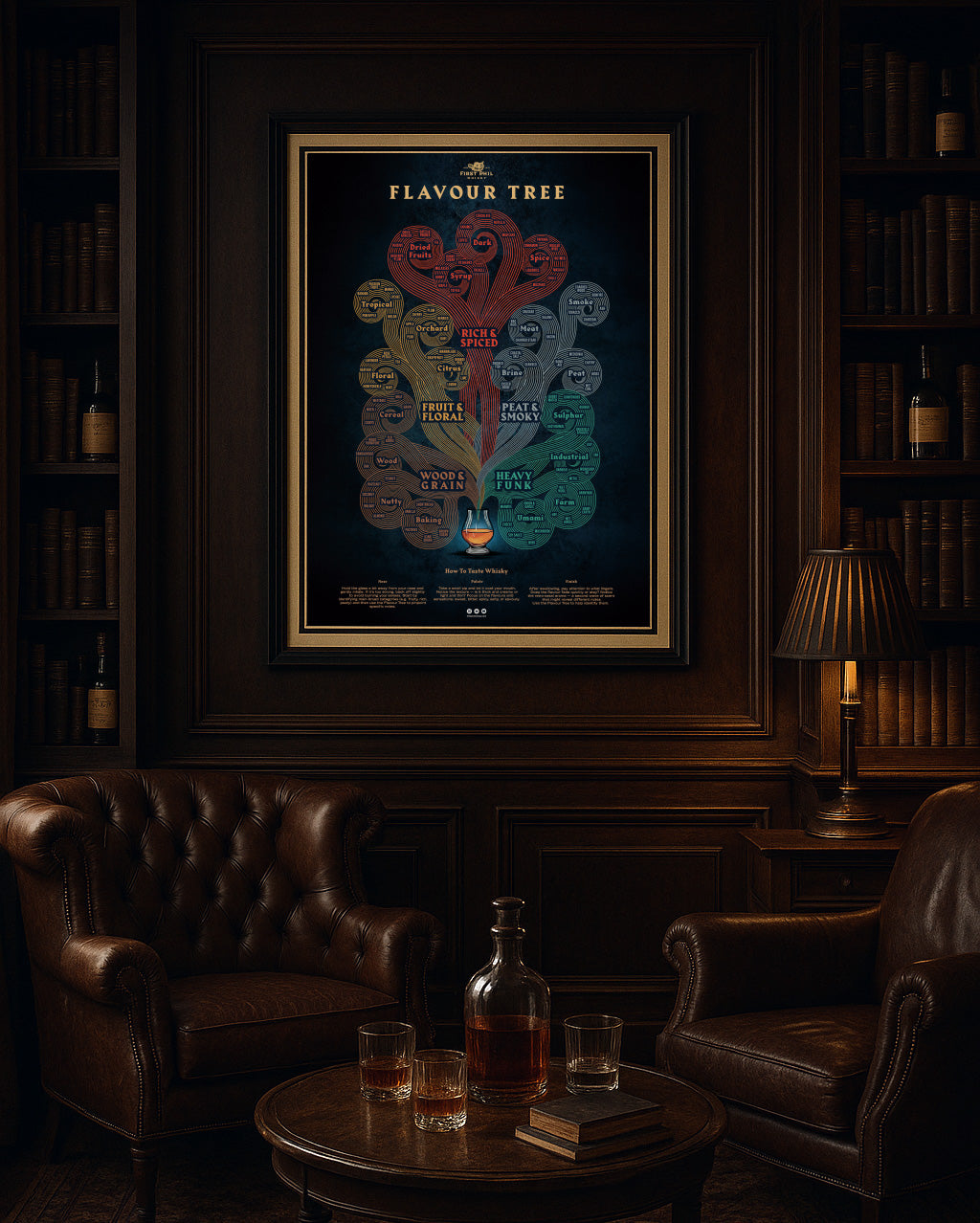 Stylish whisky poster for home bar or lounge with tasting notes